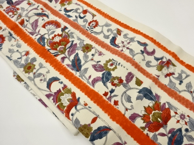 JAPANESE NAGOYA OBI / CHIRIMEN / HAND PAINTED / FLOWER ARABESQUE
